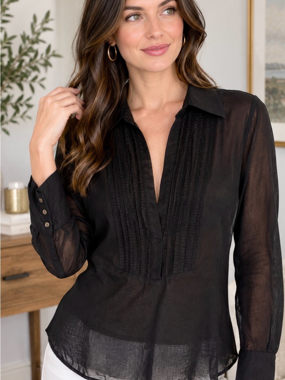 Sheer Black Long-Sleeve Women's Blouse